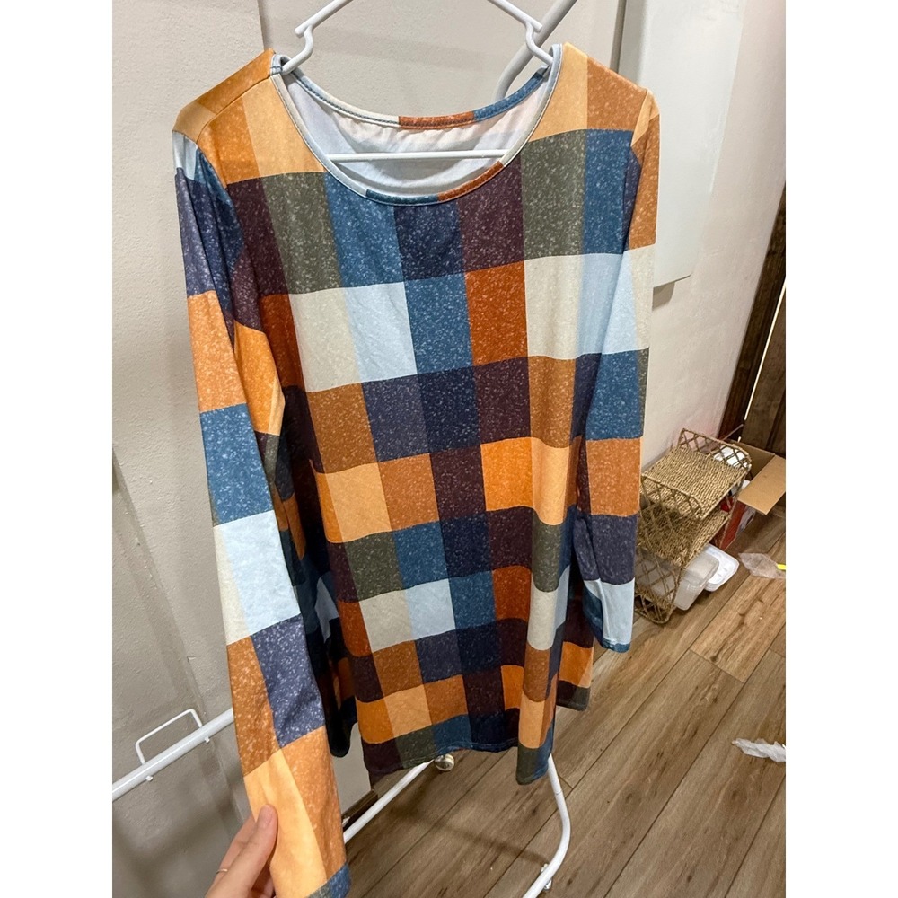 Women's XL Multicolor Plaid Tunic Top Cabincore Cozy Fall Rustic Long Sleeve